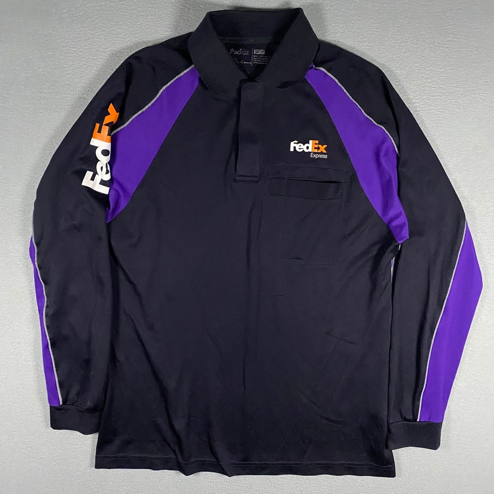 FedEx Express Polo Shirt Mens M Reg Black Purple Long Sleeve Uniform Workwear